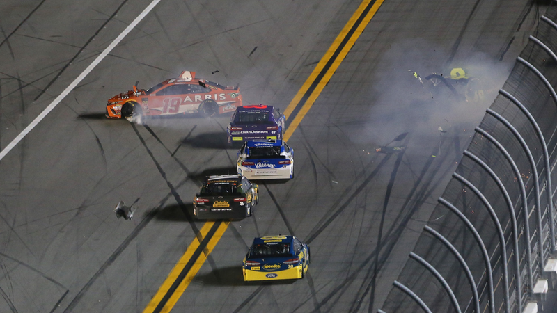 A wreck in the Daytona 500 qualifying races on Thursday. Photo credit: Brian Lawdermilk/Getty Images